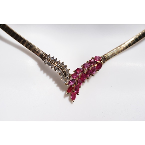 Vintage 14k Solid Gold Omega Natural Marque Ruby & Diamond Necklace Pave Cluster - Picture 3 of 7